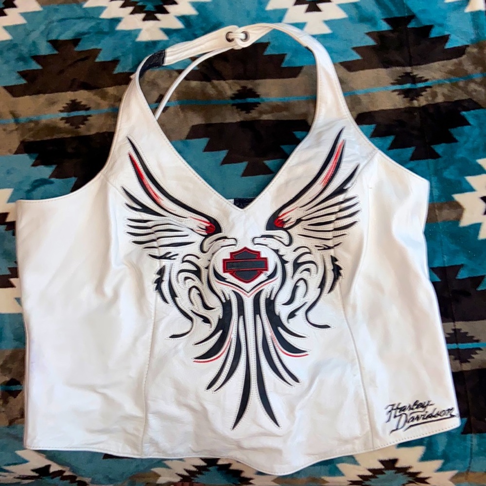 HARLEY DAVIDSON WOMENS HALTER LEATHER LOGO TOP VINTAGE TANK TOP